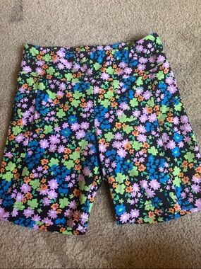 No Boundaries Black Floral Bike Shorts with Neon Green Blue Pink Orange Accents